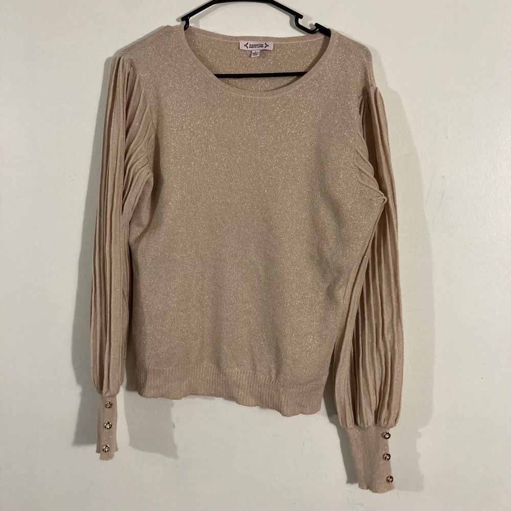 Nanette Lepore Sweater Womens Large Champagne Gold Pleated Puff Sleeve